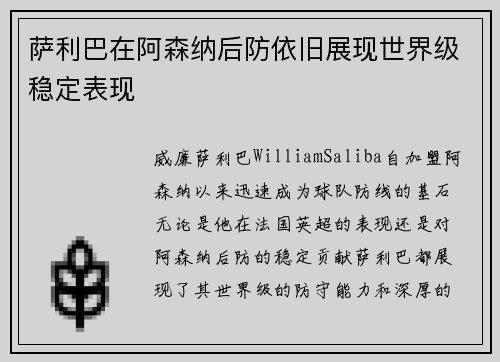 萨利巴在阿森纳后防依旧展现世界级稳定表现