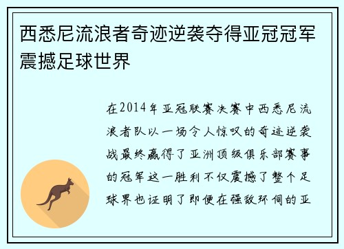 西悉尼流浪者奇迹逆袭夺得亚冠冠军震撼足球世界 西悉尼流浪者奇迹逆袭夺得亚冠冠军震撼足球世界