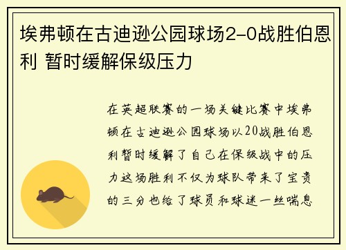 埃弗顿在古迪逊公园球场2-0战胜伯恩利 暂时缓解保级压力 埃弗顿在古迪逊公园球场2-0战胜伯恩利 暂时缓解保级压力